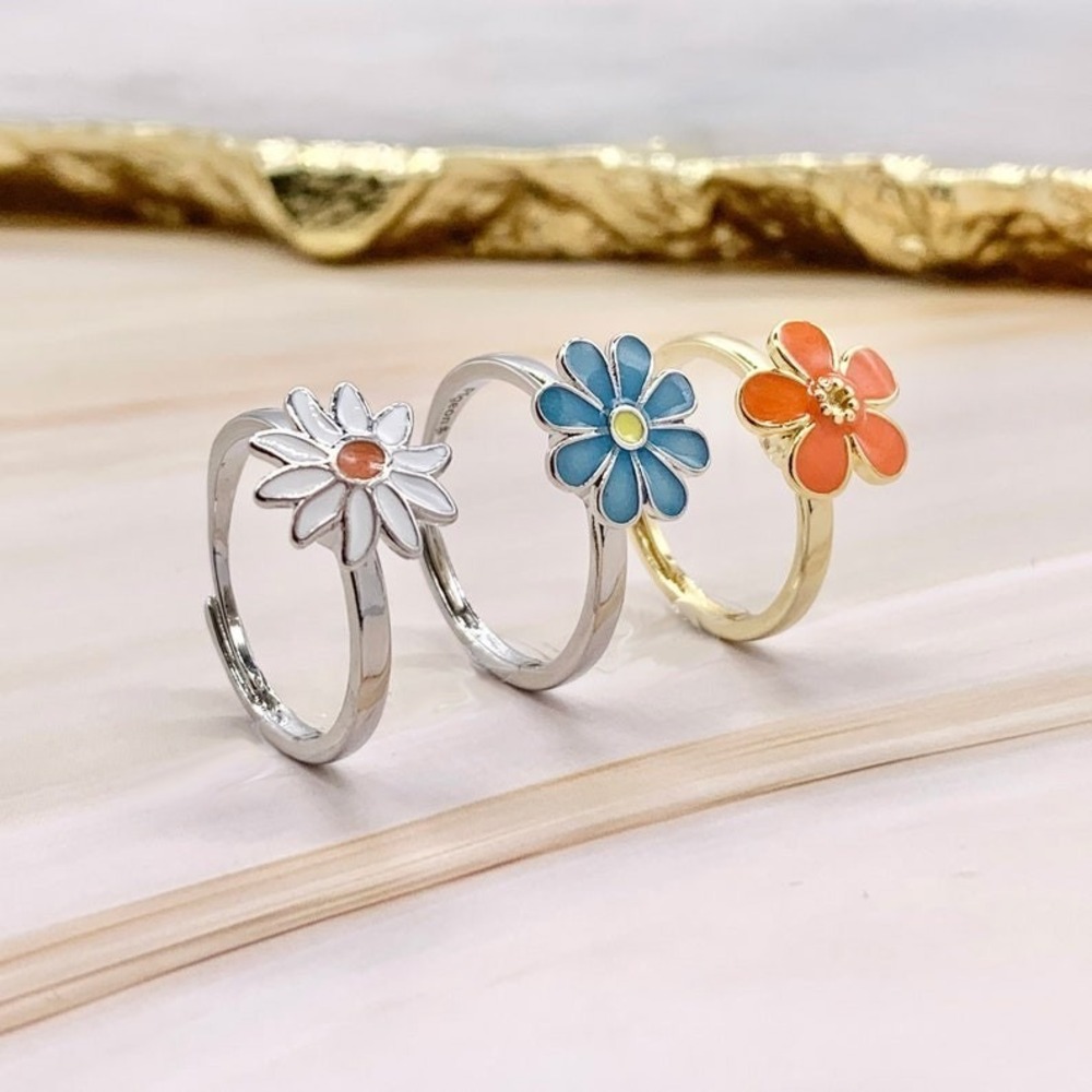 3 Anxiety Ring Spinner Flower Fidget Rotating Spinner Adjustable Size Silver 925